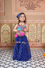 Stylish blue embroidered Georgette 3-piece set with a crop top, flowy palazzo and matching Bandhana.
