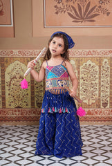 Stylish blue embroidered Georgette 3-piece set with a crop top, flowy palazzo and matching Bandhana.