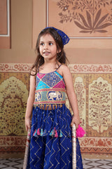 Stylish blue embroidered Georgette 3-piece set with a crop top, flowy palazzo and matching Bandhana.