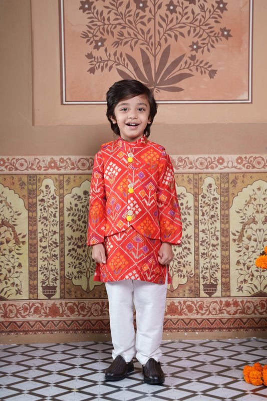 Vibrant Red Silk Kurta with Matching Jacket and White Pyjama