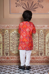 Vibrant Red Silk Kurta with Matching Jacket and White Pyjama