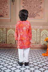 Vibrant Red Silk Kurta with Matching Jacket and White Pyjama