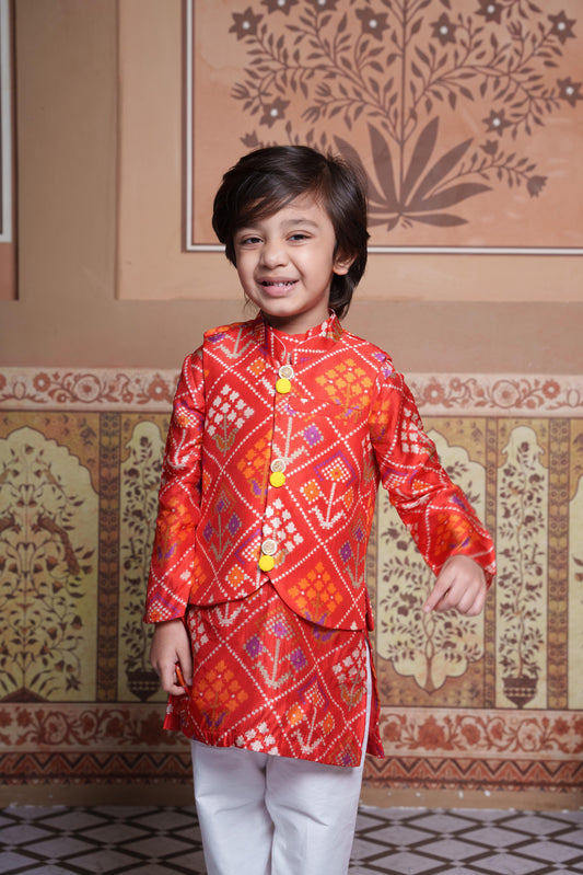 Vibrant Red Silk Kurta with Matching Jacket and White Pyjama