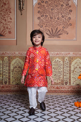 Vibrant Red Silk Kurta with Matching Jacket and White Pyjama
