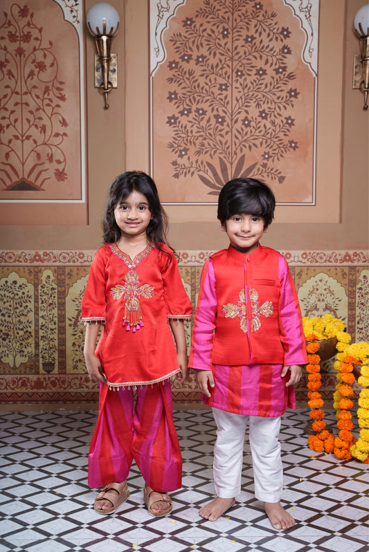 Red Embroidered Kurta With Red & Pink Striped Farsi Salwar & Red Embroidered Jacket With Pink & Red Kurta And White Elasticated Pyjama Set