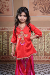 Red Embroidered Kurta With Red & Pink Striped Farsi Salwar