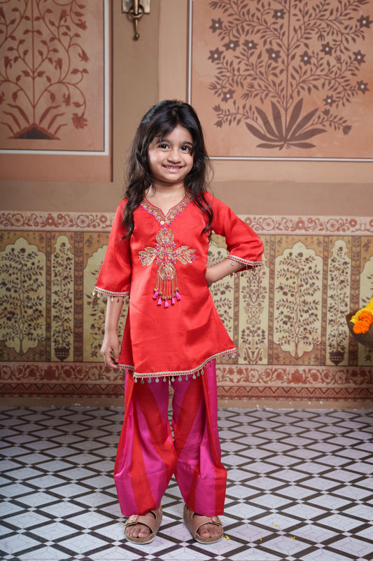 Red Embroidered Kurta With Red & Pink Striped Farsi Salwar