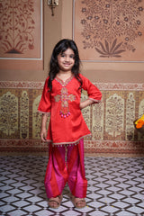 Red Embroidered Kurta With Red & Pink Striped Farsi Salwar
