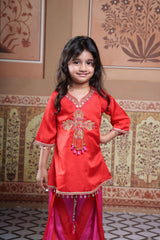 Red Embroidered Kurta With Red & Pink Striped Farsi Salwar