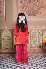 Red Embroidered Kurta With Red & Pink Striped Farsi Salwar