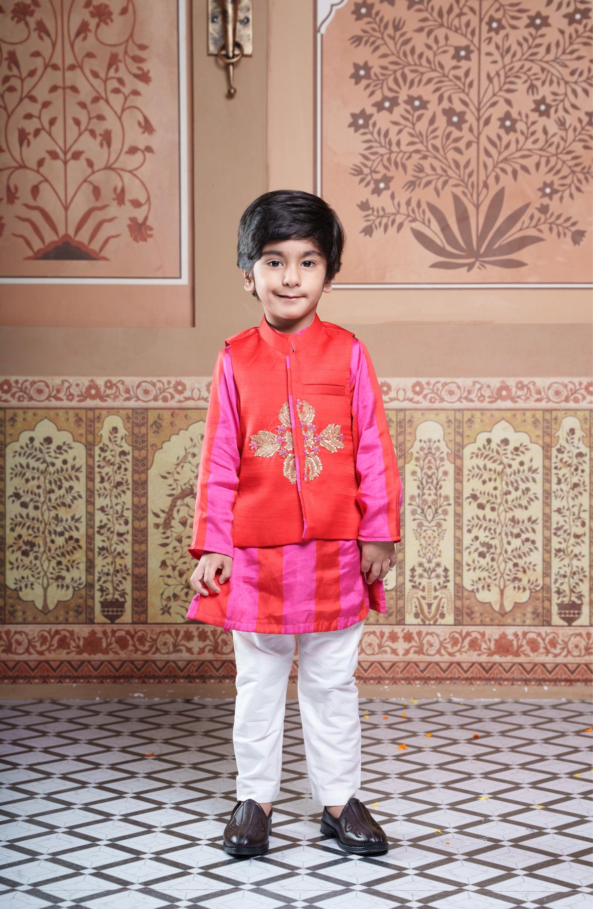 Red Embroidered Jacket With Pink & Red Kurta And White Elasticated Pyjama Set