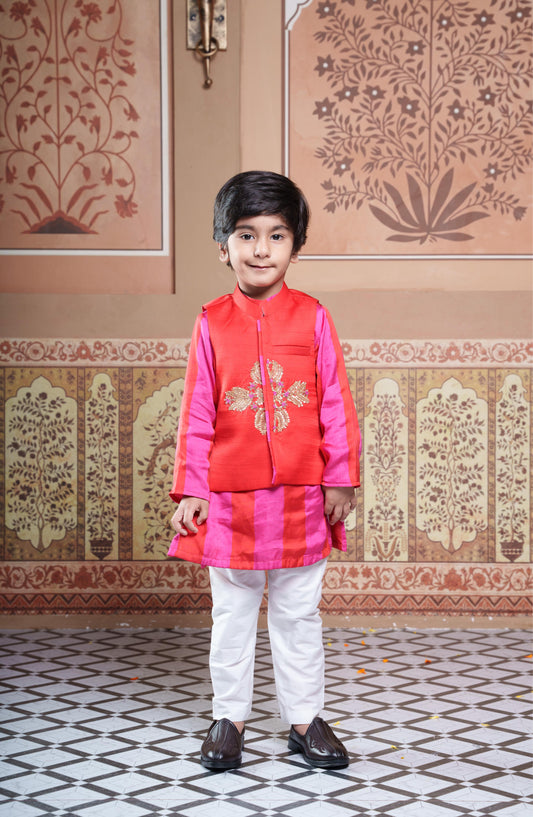 Red Embroidered Jacket With Pink & Red Kurta And White Elasticated Pyjama Set