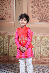 Red Embroidered Jacket With Pink & Red Kurta And White Elasticated Pyjama Set