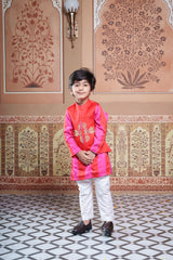 Red Embroidered Jacket With Pink & Red Kurta And White Elasticated Pyjama Set