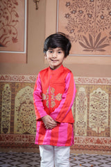 Red Embroidered Jacket With Pink & Red Kurta And White Elasticated Pyjama Set