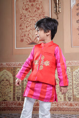 Red Embroidered Jacket With Pink & Red Kurta And White Elasticated Pyjama Set