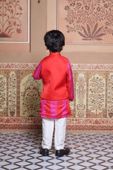 Red Embroidered Jacket With Pink & Red Kurta And White Elasticated Pyjama Set
