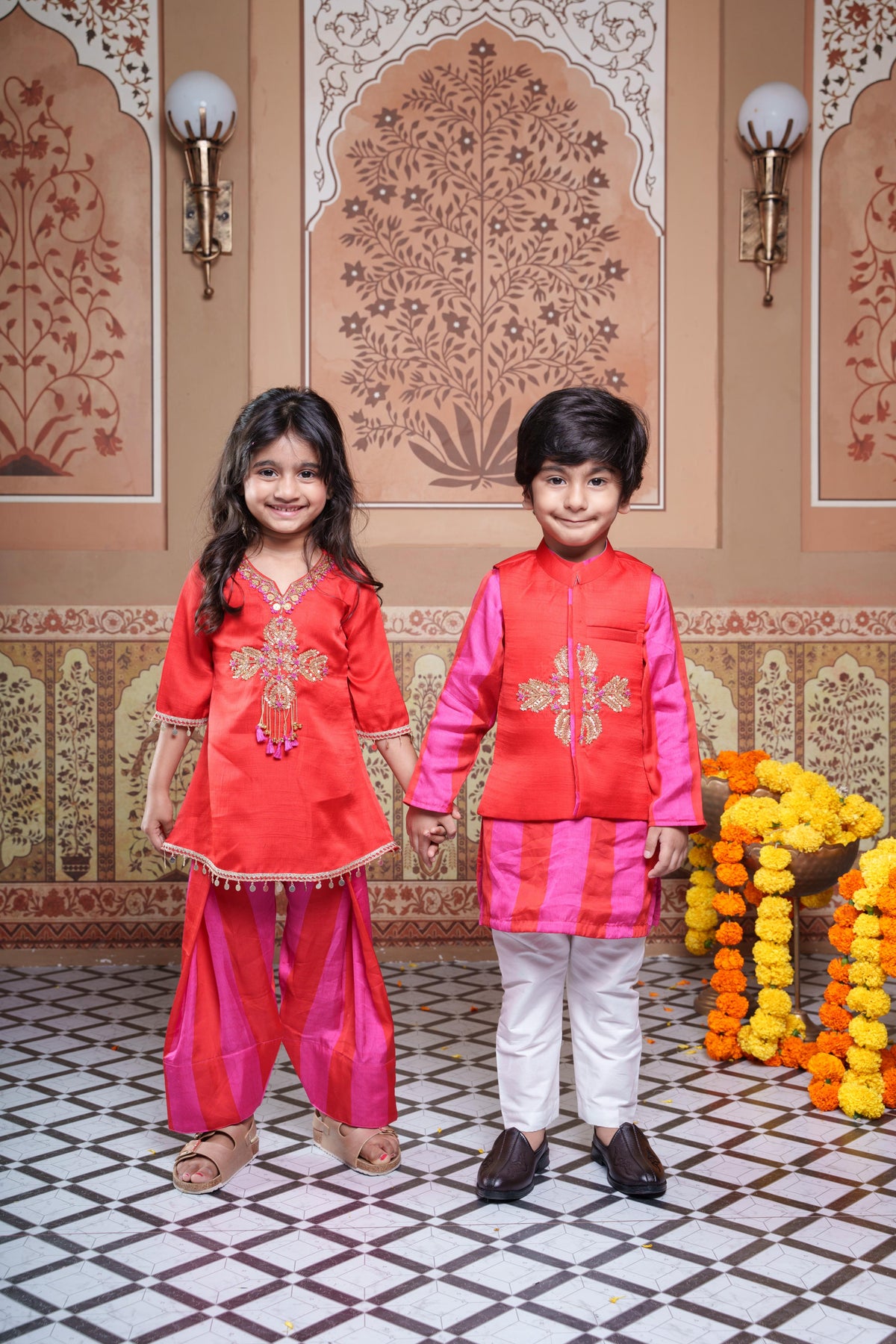Red Embroidered Kurta With Red & Pink Striped Farsi Salwar & Red Embroidered Jacket With Pink & Red Kurta And White Elasticated Pyjama Set