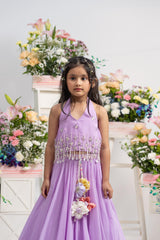 Elegant Embroidered Halter Top With Flowing Layered Lehenga And Statement Floral Latkan Detail