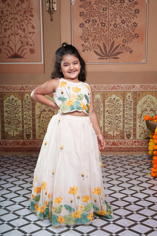 Floral Embroidered Chanderi Silk Crop Top & Lehenga Set with Handcrafted Flower Tassels