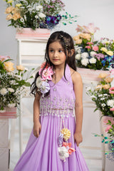 Elegant Embroidered Halter Top With Flowing Layered Lehenga And Statement Floral Latkan Detail