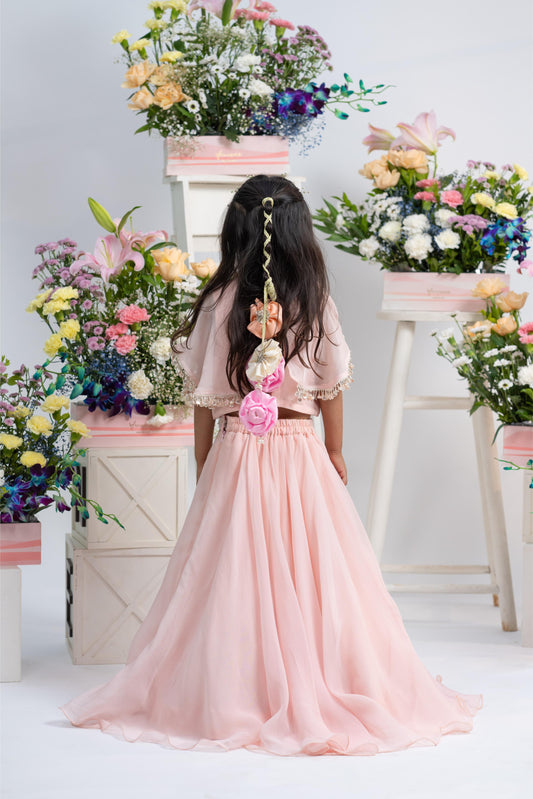 Designer blush pink girls lehenga outfit with pearl embellished cape