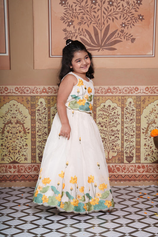 Floral Embroidered Chanderi Silk Crop Top & Lehenga Set with Handcrafted Flower Tassels