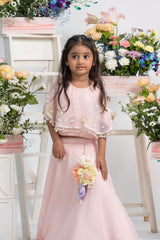 Elegant Pearl-Embellished Cape Top With Flowing Blush Lehenga And Statement Floral Latkan Detail