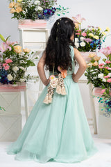 Chic Mint Embroidered Top With Flowing Lehenga And Statement Floral Latkan Detail