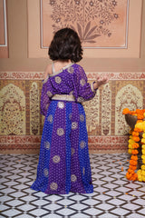 Elegant blue and purple Bandhini-print Georgette set featuring a stylish one-shoulder top with statement sleeves and a flowy Palazzo