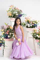 Elegant Embroidered Halter Top With Flowing Layered Lehenga And Statement Floral Latkan Detail