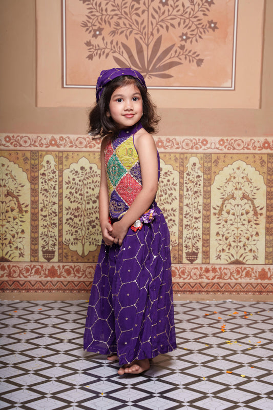 Festive Purple Crop Top with Handmade Flower Hangings, Flared Palazzo & Matching Bandana
