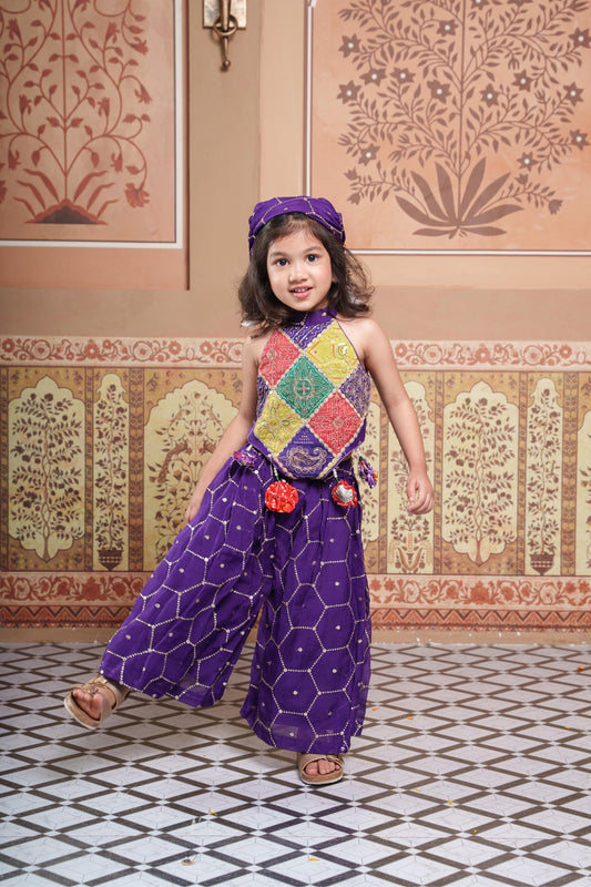 Festive Purple Crop Top with Handmade Flower Hangings, Flared Palazzo & Matching Bandana