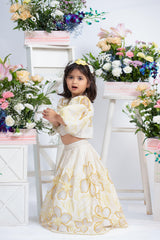 Ivory Floral Embroidered Crop Top With Matching Flared Lehenga In Fresh Yellow Detailing