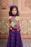 Festive Purple Crop Top with Handmade Flower Hangings, Flared Palazzo & Matching Bandana