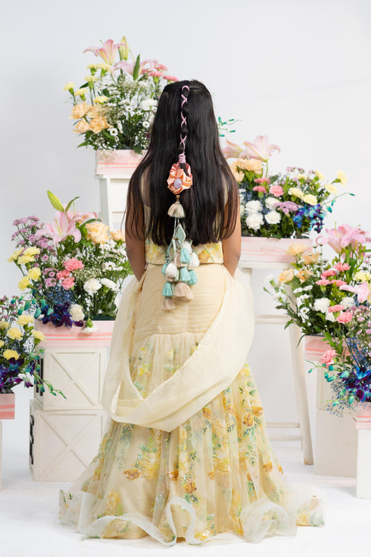 Designer pastel yellow embroidered lehenga outfit for girls