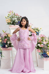 Lavender embroidered kurti sharara set for girls with organza dupatta