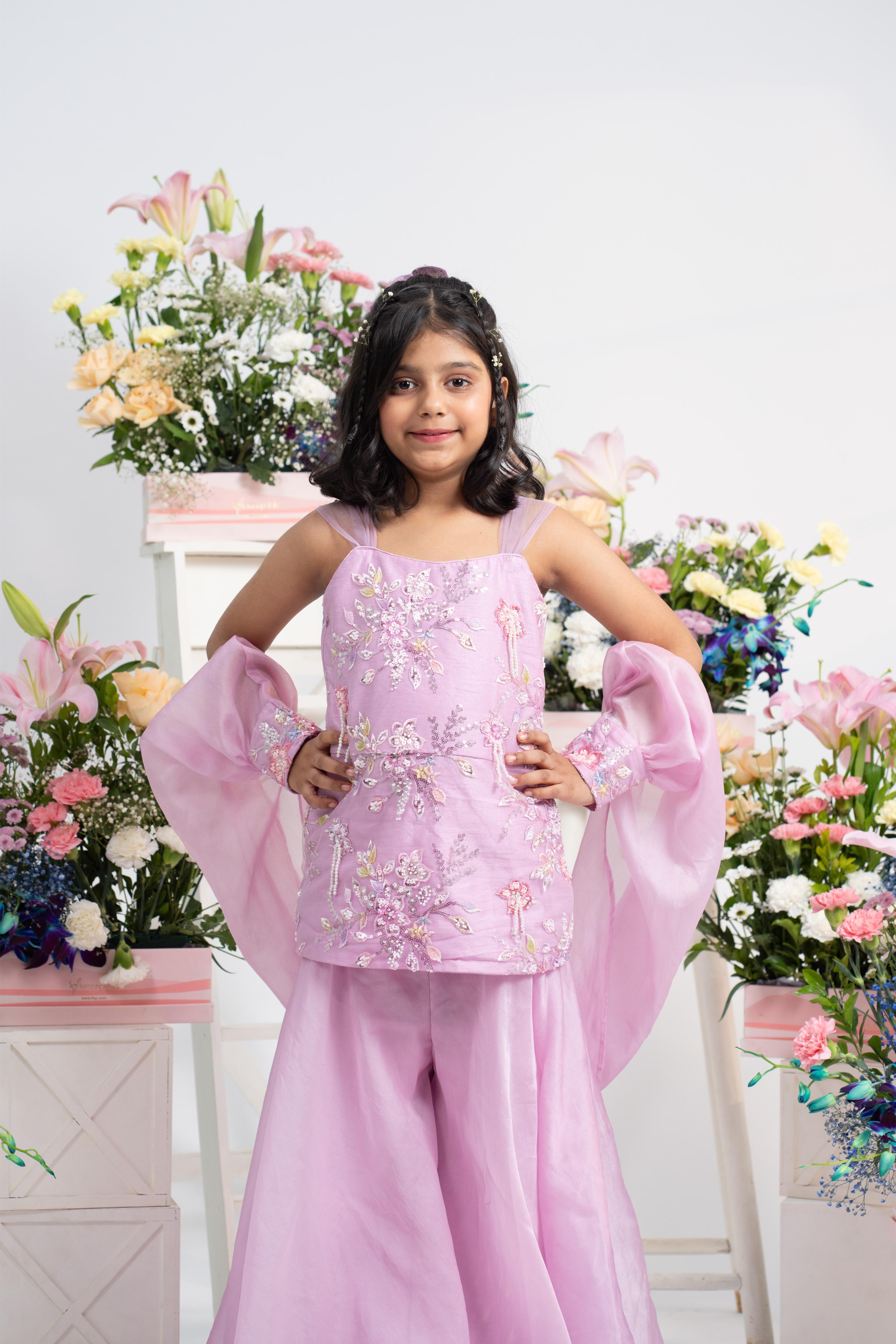 Kids festive lavender kurti with flared sharara by Kirti Agarwal