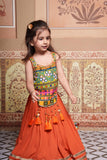 Multicoloured Embroidered Peplum Top With Orange Cotton Crush Lehenga