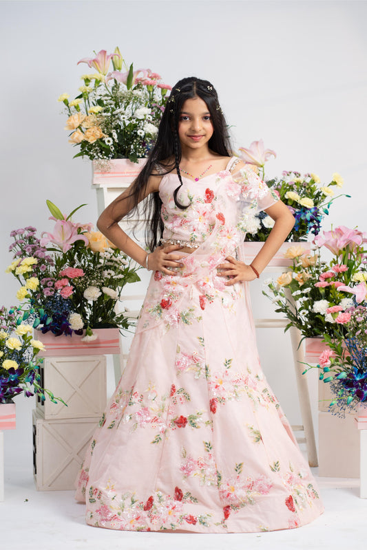 Blush pink floral embroidered lehenga set for girls with net dupatta