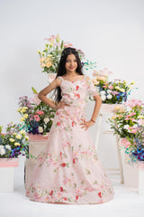 Beautiful Floral Blush Pink Lehenga Set With Statement Back Latkan And Elegant Net Drape Detail