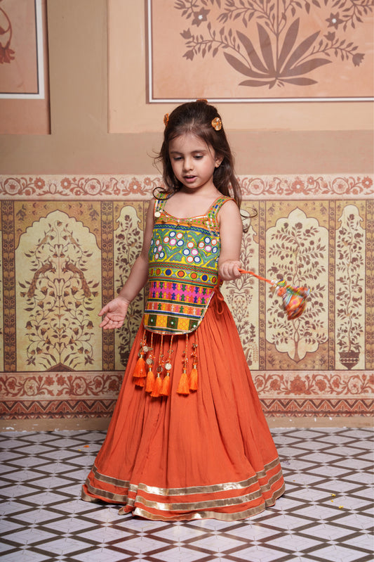 Multicoloured Embroidered Peplum Top With Orange Cotton Crush Lehenga