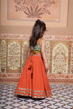 Multicoloured Embroidered Peplum Top With Orange Cotton Crush Lehenga