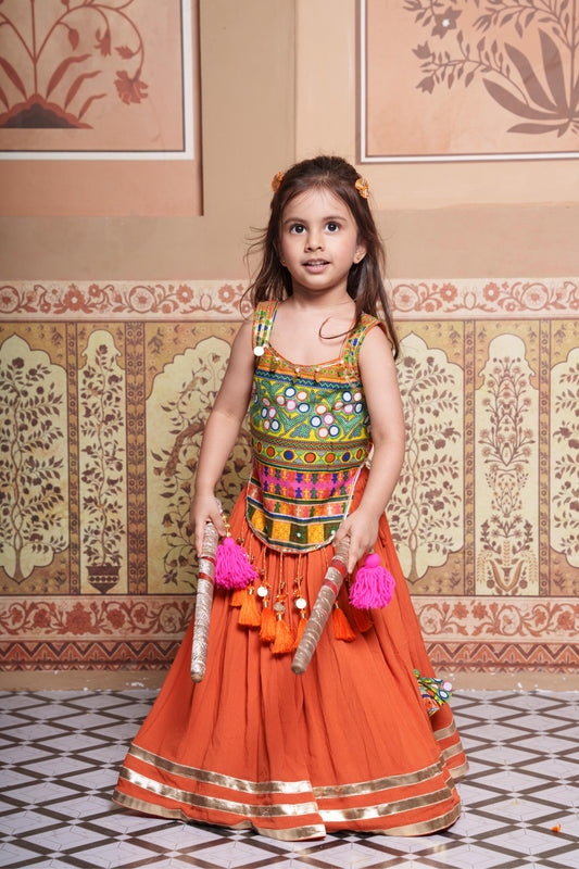 Multicoloured Embroidered Peplum Top With Orange Cotton Crush Lehenga