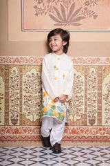 Boys Lotus Embroidered Kurta Set with Elasticated Pyjama