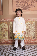 Boys Lotus Embroidered Kurta Set with Elasticated Pyjama