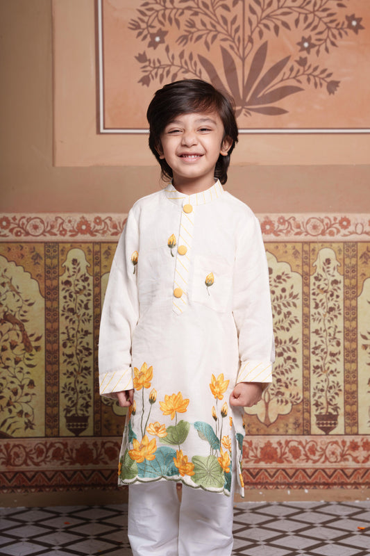 Boys Lotus Embroidered Kurta Set with Elasticated Pyjama