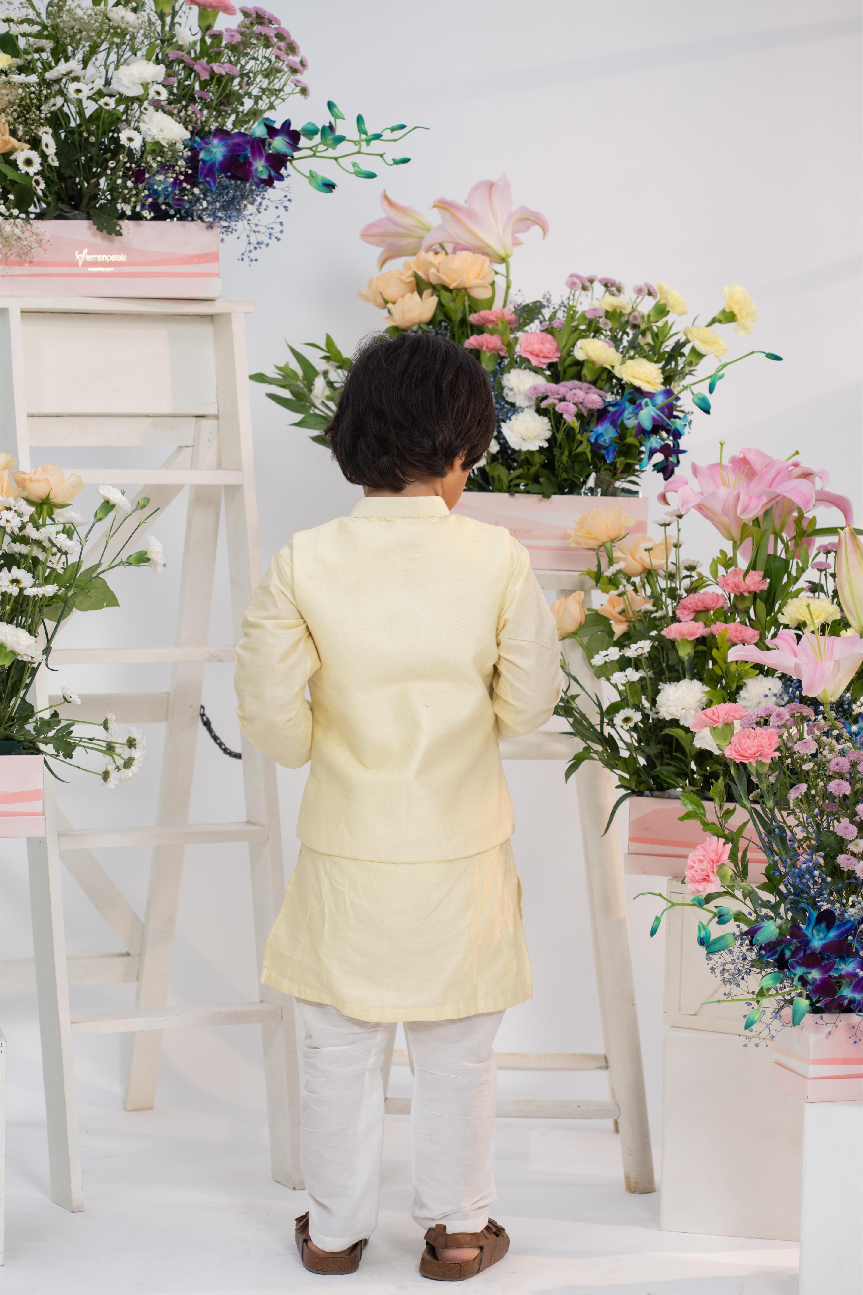 kids pastel yellow embroidered kurta set ethnic outfit