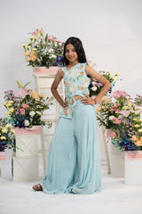 Powder blue embroidered top with flared palazzo pants for girls