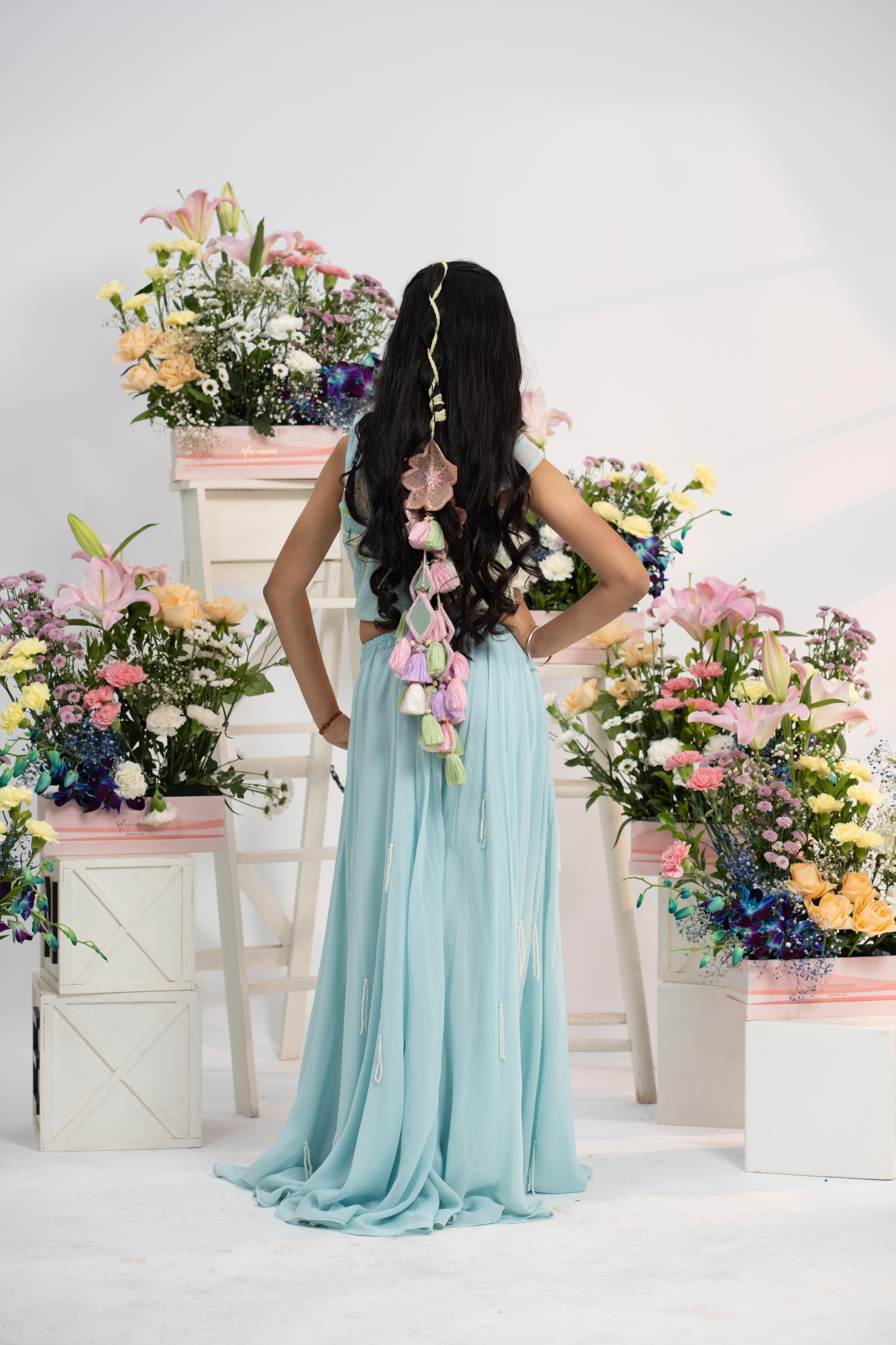 Designer powder blue girls ethnic outfit with embroidered top and palazzo